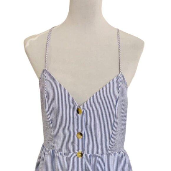 Divided Beach Striped Dress Sz 10 Spaghetti Strap Lace Up Back Button Blue White - Picture 4 of 14
